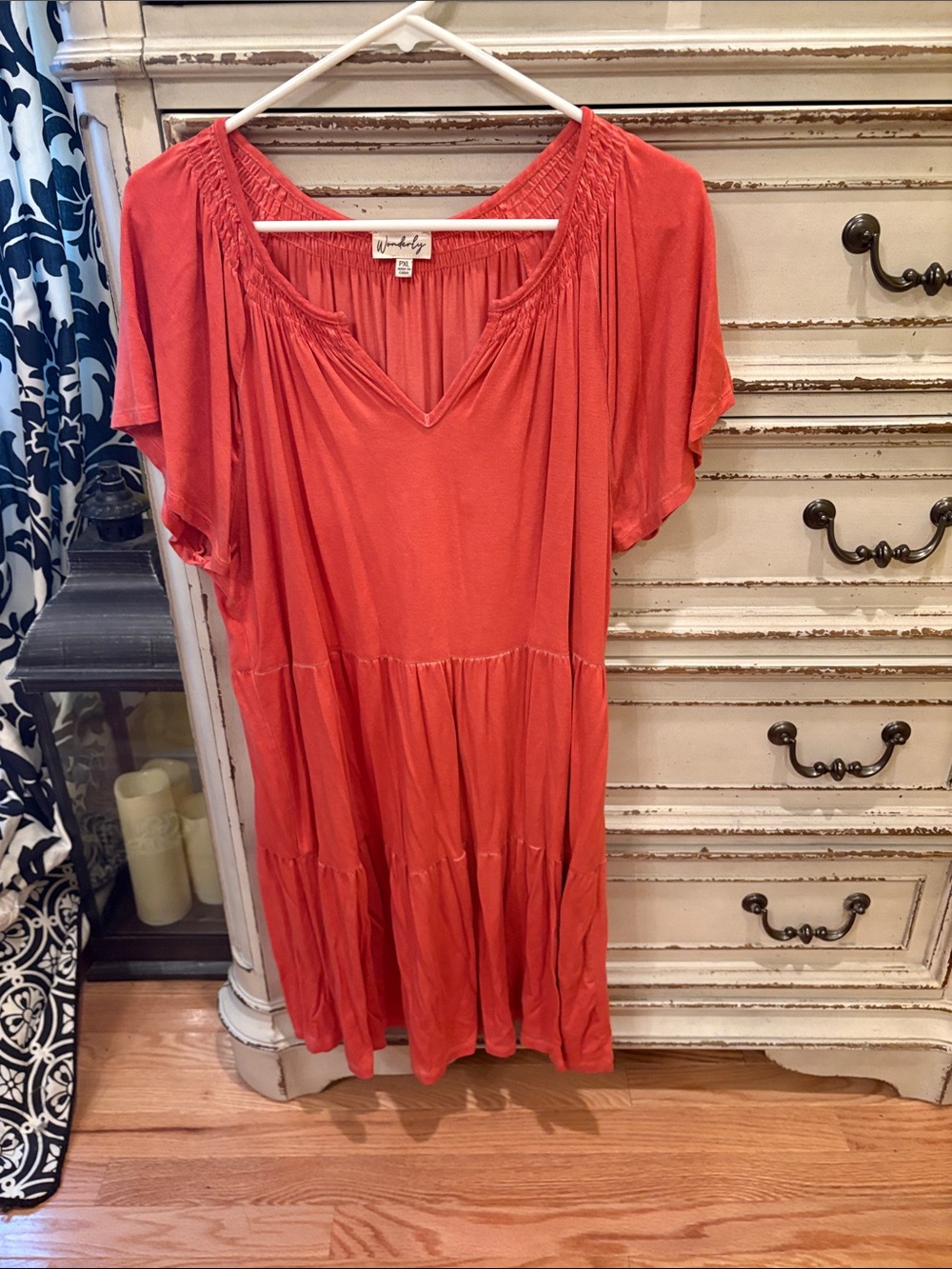 Wonderly Coral Tiered V-Neck Short Sleeve Dress